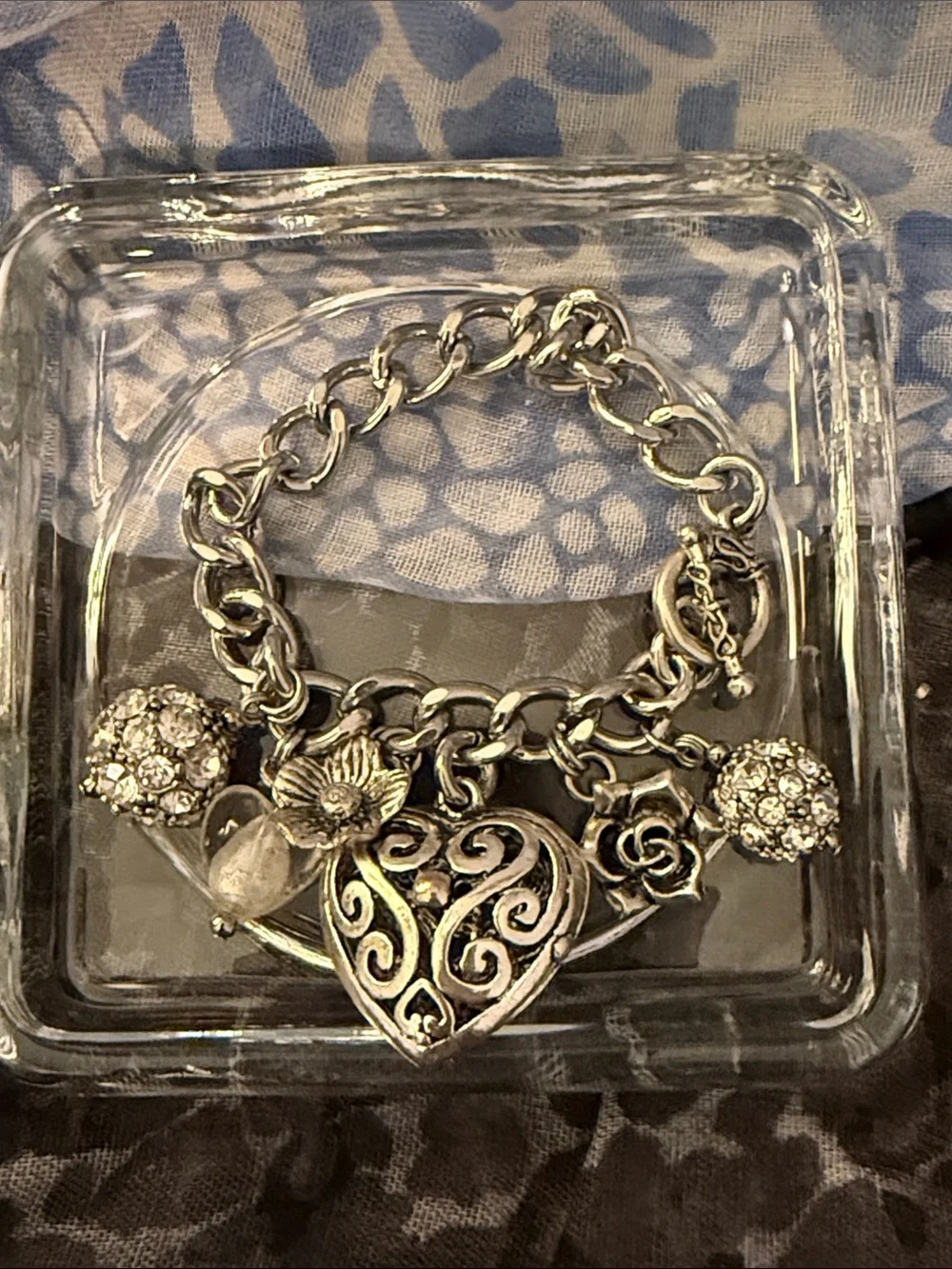 Silver Heart & Floral Charm Bracelet with Crystal Accents